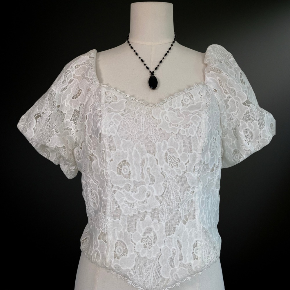 A.Peach Romantic Lace Puff Sleeve Boho Top Size XL Coquette Cottagecore Angel